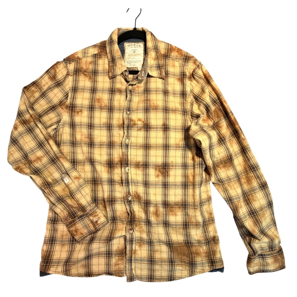 Guess Los Angeles Mens Large Plaid Tie Dye‎ Flannel Shirt Tan M04H31W0DI0